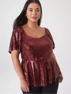 Lane Bryant Size 18 Blouse Top Peplum Red Flutter Sleeve Sequins Holiday Plus